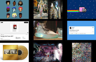 from left to right: CryptoPunks (2017), Dolce & Gabbana collection (2021), Nyan Cat (2021), New York Times article (2021), Nike sneakers (2022), Jack Dorsey's first tweet (2021), Kings of Leon album (2021), video by singer Grimes (2021), Everydays by Beeple (2021).